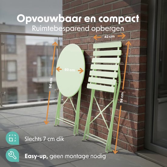 LifeGoods Bistroset - Staal - 3-delig - Tuinset - Inklapbaar - Balkonset met Tafel - Weerbestendig - Mintgroen
