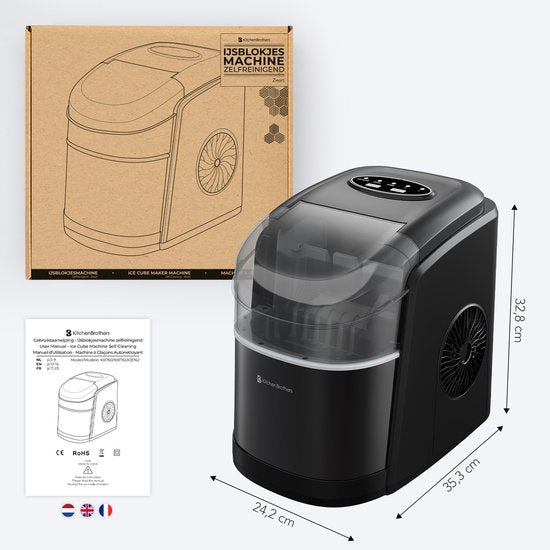 KitchenBrothers IJsblokjesmachine - 1.6L - 8 min. - 12kg/24u - Zelfreinigingsfunctie - IJsblokmaker met IJsschep - Zwart