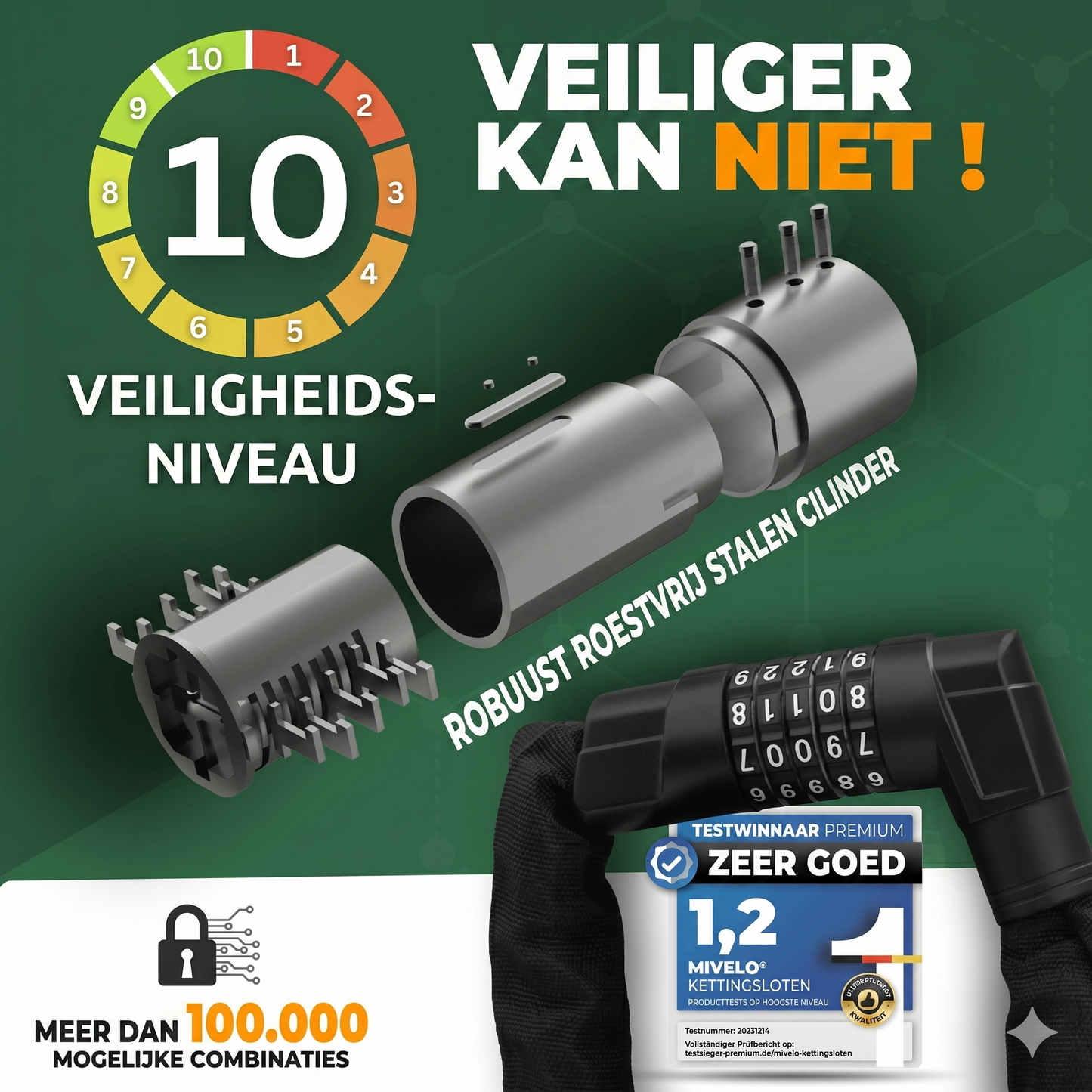 MIVELO Fietskettingslot met Cijfercode – 100 cm – Carbonstaal – Waterbestendig – Zwart