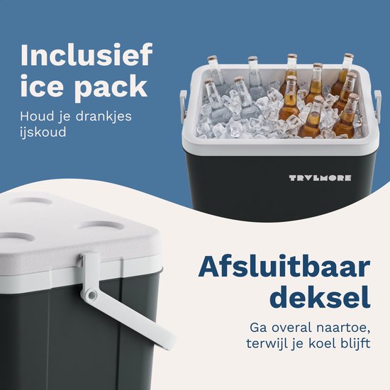 TRVLMORE Koelbox 26L - 65 Uur Koeling - Frigobox - Inclusief 2 Koelelementen - Antraciet