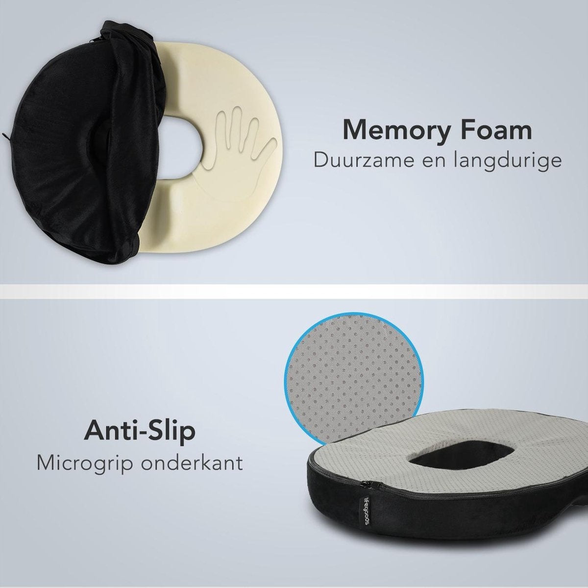 LifeGoods Donut Zitkussen – Ergonomisch Stoelkussen – U-vorm – Wasbare Hoes – Zwart
