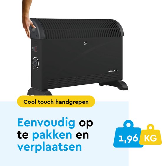 BRASQ Elektrische Convectorkachel - Verstelbare thermostaat - Elektrische Kachel - 750/1250/2000 watt - Verwarming - Zwart