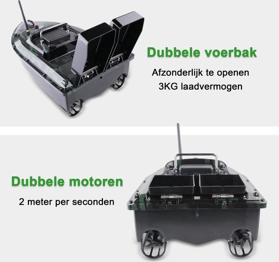 BUDDIE'S® Voerboot – 3KG Laadvermogen - 2 Voerbakken - Verlichting – 500 meter bereik – Opbergtas - Voerboot Karper – Baitboat – Karpervissen