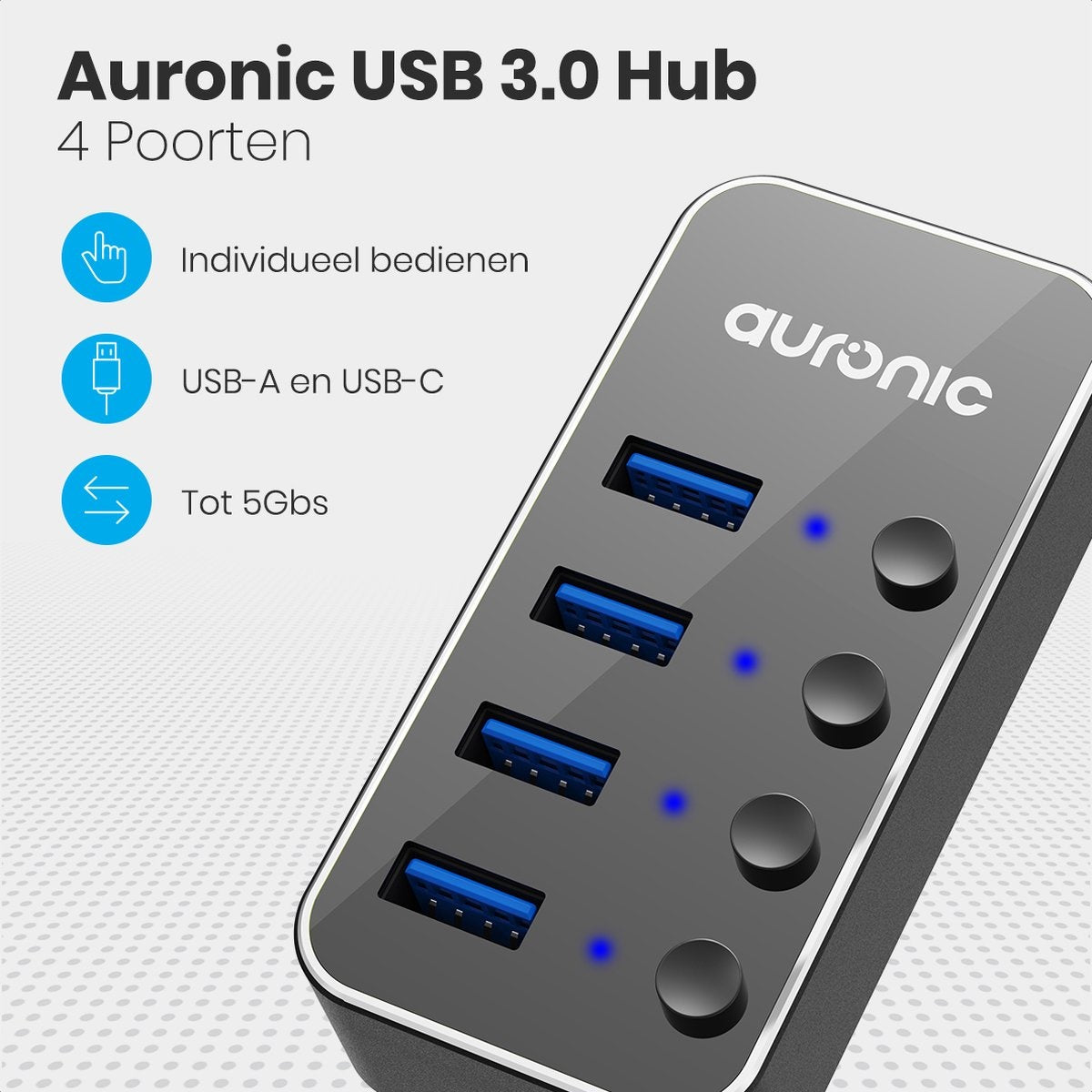 Auronic USB Hub 3.0 - USB Splitter met 4 Poorten - met Voeding - 5 GBPs - Led Indicatie - Zwart
