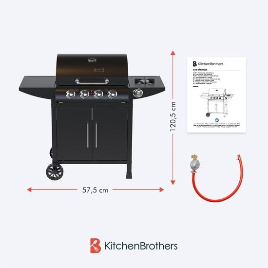KitchenBrothers Gasbarbecue Incl.  Zijbrander - 5 Branders - Met Gasaansluiting - 42x57cm Grilloppervlak - Zwart
