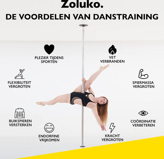 Zoluko Professionele Danspaal - Verstelbaar in hoogte: 2,24 m tot 2,74 m - Roterend en Statisch - 200KG Draagvermogen - Paaldansen - Dansstang - Pole Dance - Dance Pole - Zilver/Chroom