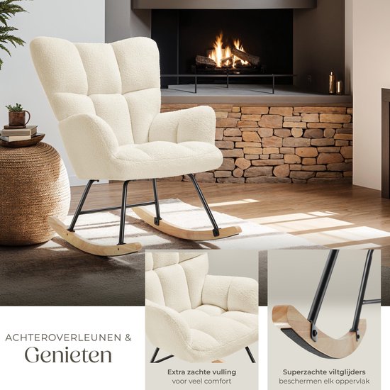 tectake® Schommelstoel Torve - Gestoffeerde Bouclé-Stof Schommelstoel in Scandi-Stijl - Relaxstoel met Houten Glijders, Zachte Bekleding en Hoge Rugleuning voor Optimaal Comfort - 70 x 96 x 97 cm - Beige