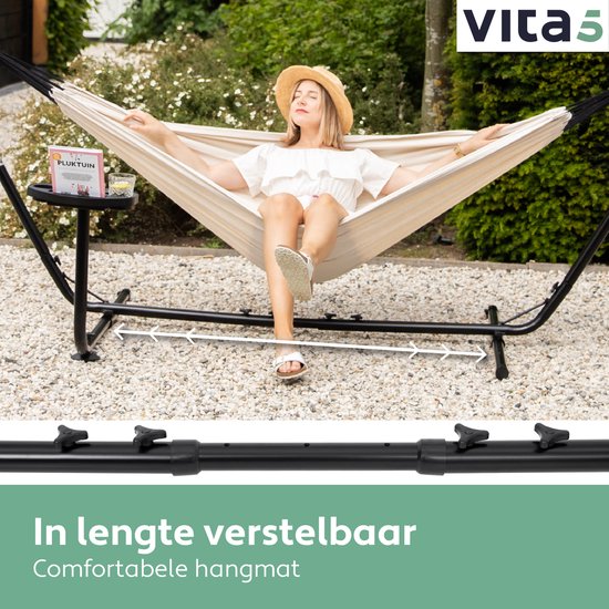 Vita5 Hangmat met Standaard – 2 Persoons – Incl. Bekerhouder – 205kg Draaggewicht – Beige/Wit