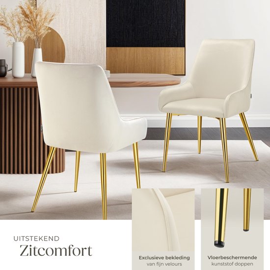 tectake® Eetkamerstoel Avane - Fluweeloptiek - Ergonomische gestoffeerde stoel met gouden stalen poten - Draagkracht 120 kg - Moderne eetkamer- en keukenstoel - Set van 2 - Beige