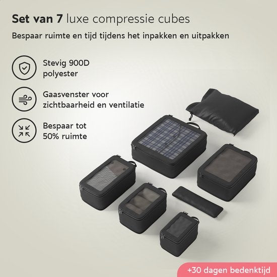 ONYX Compressie Packing Cubes - 7 stuks - Koffer Organizer Set - Compressie rits - Voor koffers en tassen - Zwart