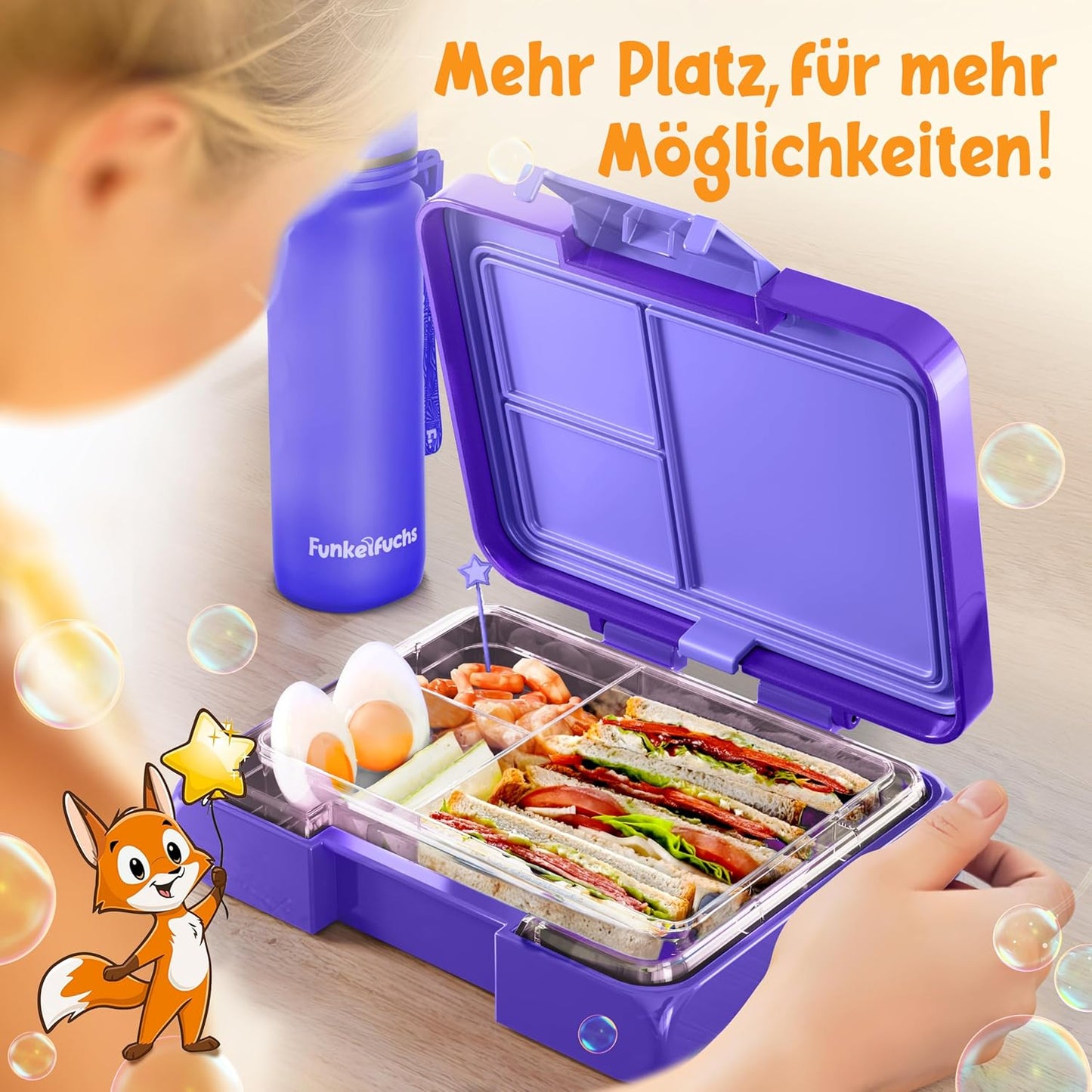 Funkelfuchs® - Lunchbox kinderen met vakjes - 500ml, paars - Lunchbox ster, klein - Snackbox, snackbox, broodtrommel, maaltijdbox, bentobox kinderen - voor school, kleuterschool en kinderdagverblijf