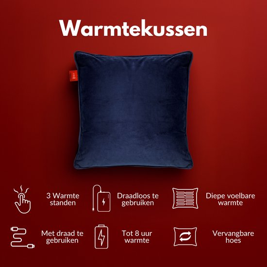 Coozie Oplaadbaar Warmtekussen – Draadloos & Bedraad – 45–65°C – Velvet – 45 x 45 cm – Donkerblauw – Elektrisch Kussen – Incl. Powerbank – Tot 8 uur warmte