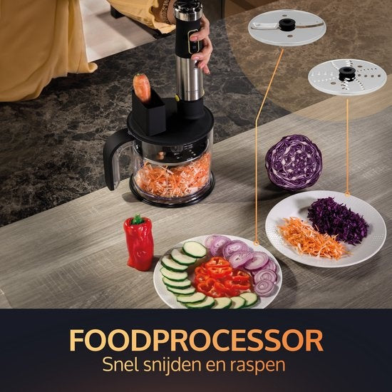 JAP Appliances ForceBlend F3 - 7in1 Staafmixer set (1500W) - Inclusief foodprocessor, maatbeker, spiraalsnijder, garde en klopper - Voor soep, vlees, smoothies en baby hapjes - Zwart/RVS