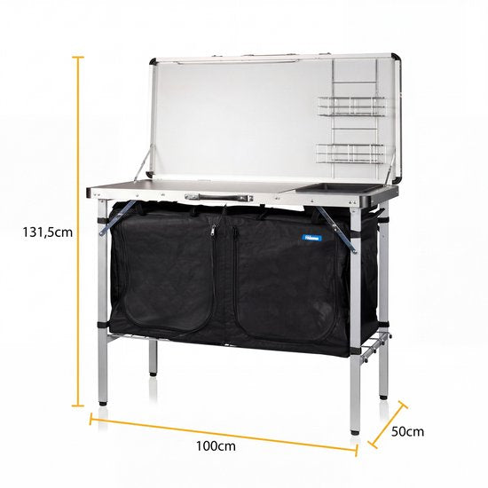 Tristar Campingkeuken – Opvouwbaar - 100x50cm – Met Gootsteen – Aluminium Frame - Campingkast en Buitenkeuken – Inclusief Draagtas – Verstelbare Poten - KI-0825