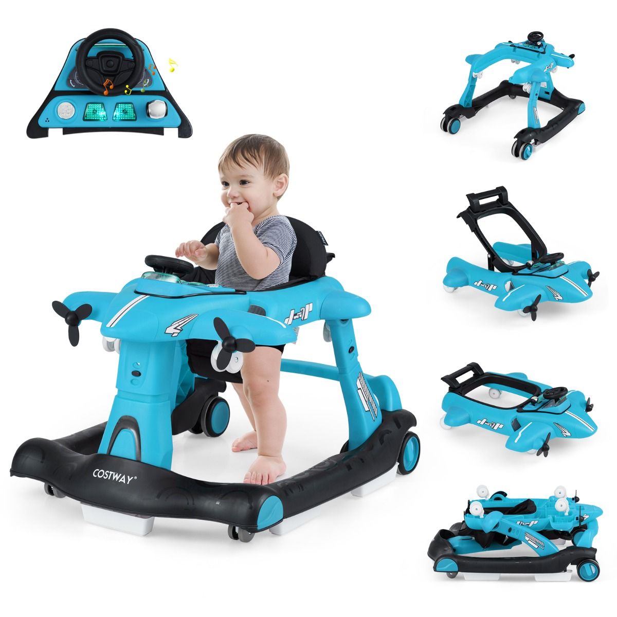 Coast Opvouwbare Babyloopstoel - 6-in-1 Vliegtuigontwerp - Verstelbare Hoogte - Blauw/Rood