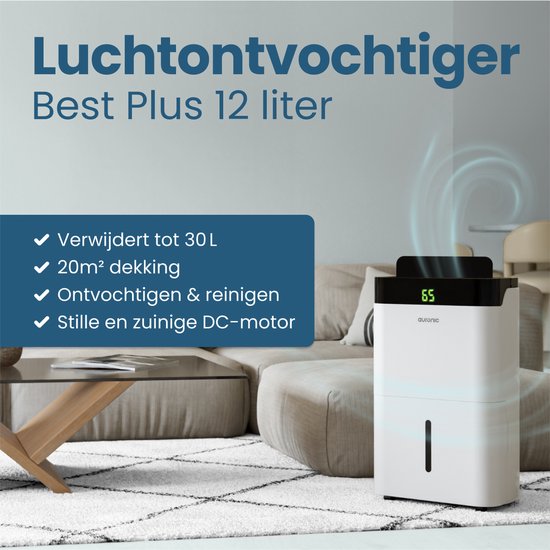 Auronic Luchtontvochtiger en Luchtreiniger - Better Plus Series - Ontvochtigt 12L per dag - 5L Waterreservoir - Slaapkamer, Badkamer, Woonkamer en Kantoor - Vochtvreter voor in Huis - Wit