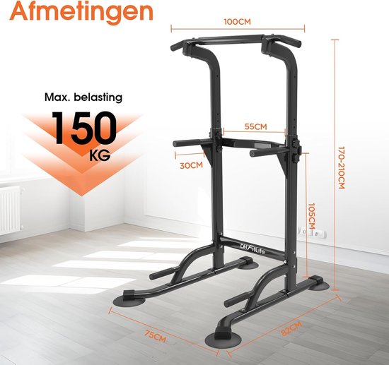 DH FitLife Power Tower Dip Station - vrijstaande optrekstang - rugtrainer - krachtstation - power rack - thuis gym