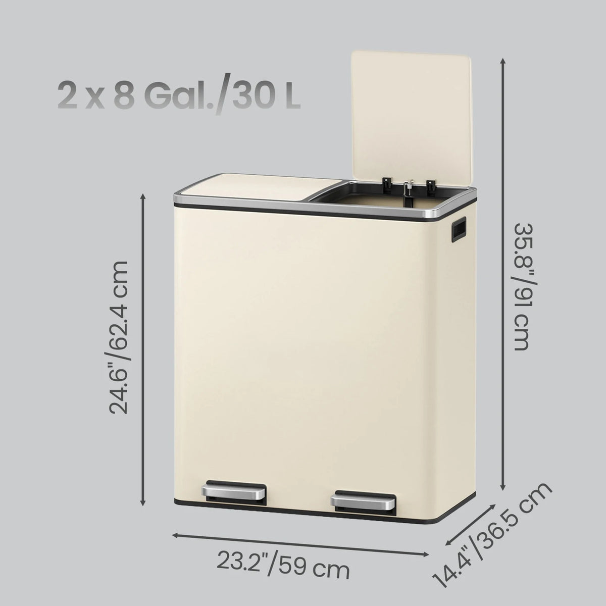 Joyfurnos Dubbele Pedaalemmer - Crème - 2 Uitneembare Binnenemmers - Softclose Deksels - Staal - 59 x 32,5 x 65,2 cm