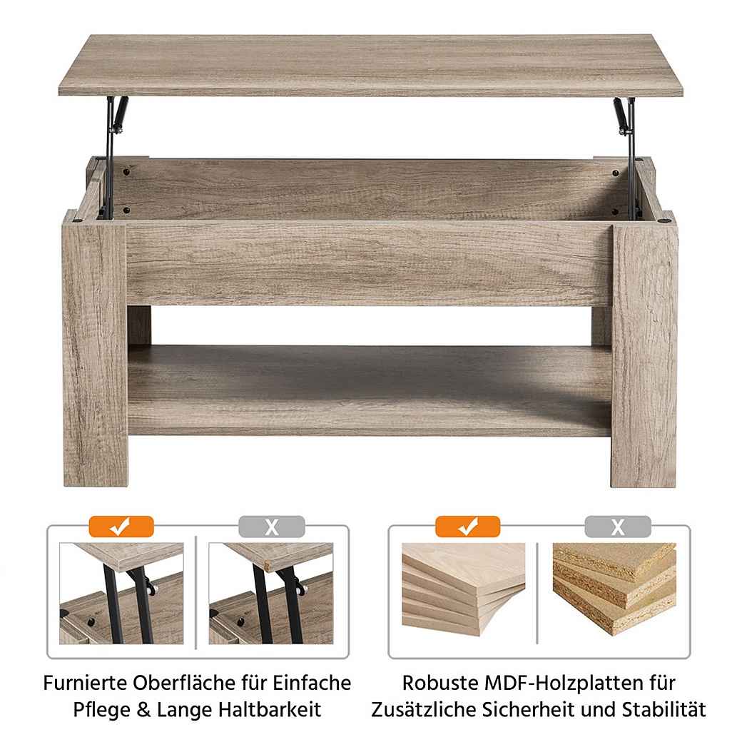 Yaheetech Salontafel met Lift-Top – Grijs – 98 x 50 x 41,8/56 cm – In hoogte Verstelbaar met Opbergruimte