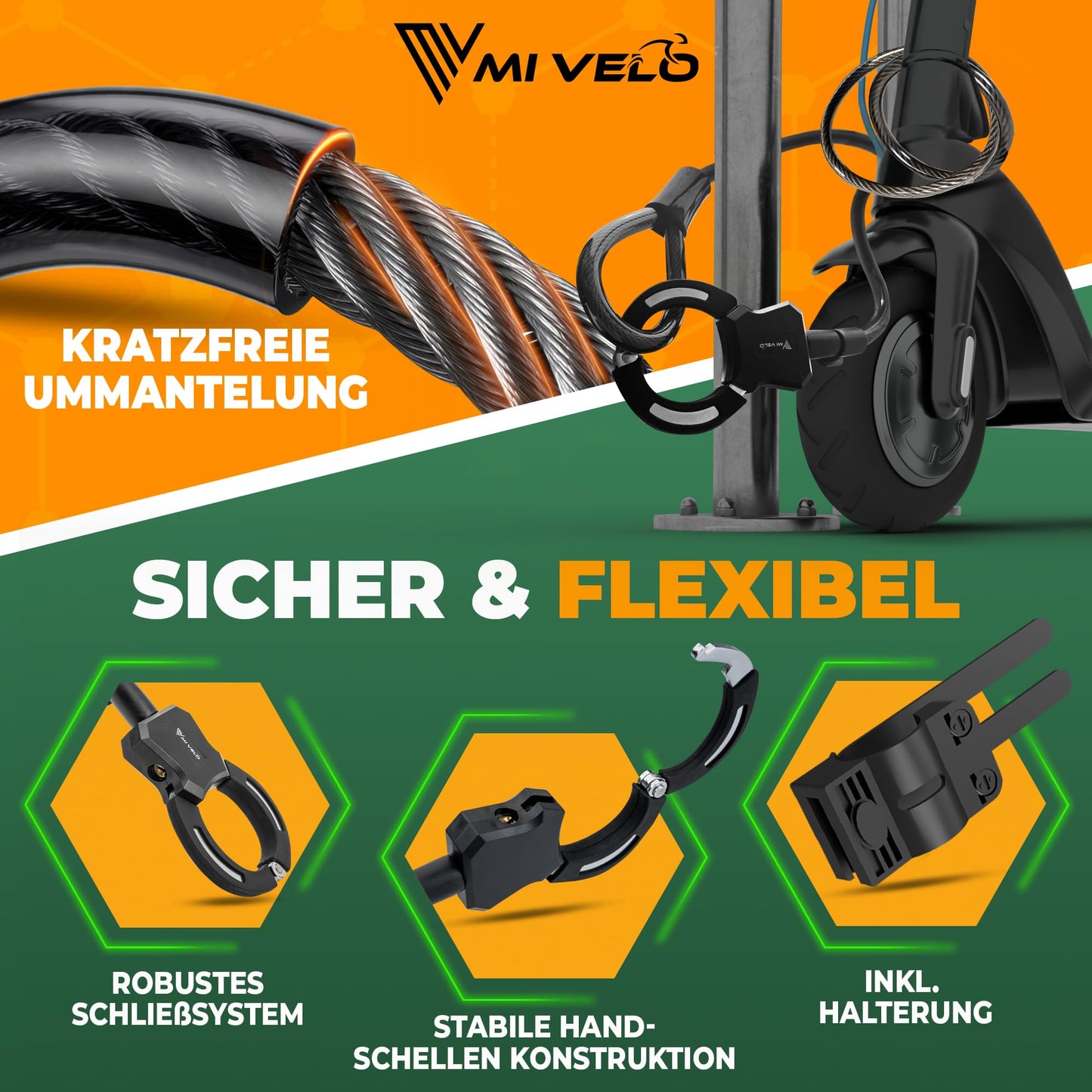 MIVELO e scooter slot - handboei kabelslot 120 cm - met sleutel en houder - stalen kern voor scooter en fiets