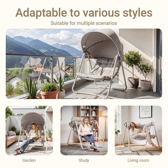 SoBuy OGS62-MI Schommelstoel met verstelbare parasol - Voor Binnen en Buiten - hangmat en Tuinstoel voor buiten - beige, 108 x 126 x 163 cm