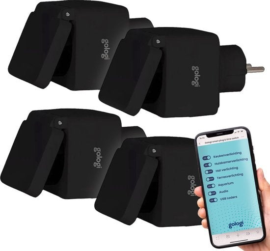 Gologi Slimme stekker buiten 4 stuks – Smart plug – IP44 – Tijdschakelaar & Energiemeter – WIFI – Google Home & Amazon Alexa – Zwart