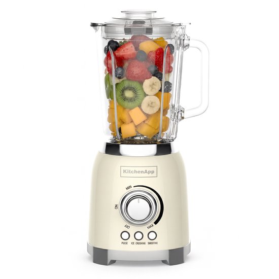 KitchenApp Retro Blender 1,5L – Glazen kan – 800W – Crushed Ice, Smoothie & Pulse – Beige