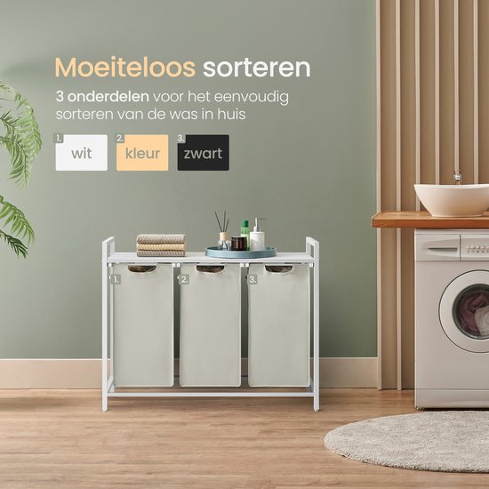 O'DADDY® Wasmand 3 Vakken - Uitschuifbare Wassorteerder met Plank - 114 Liter - 92,5 x 33 x 71 cm - Verstelbare Pootjes - Makkelijk te Monteren - Veelzijdig en Stijlvol Metaal - Wit