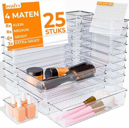Posity Lade Organizer - 25 Stuks - Organizer Bakjes - Lade Bakjes - Opbergbakjes - Make-up Organizer - Voor Keuken, Badkamer & Bureau - Kunststof - Transparant