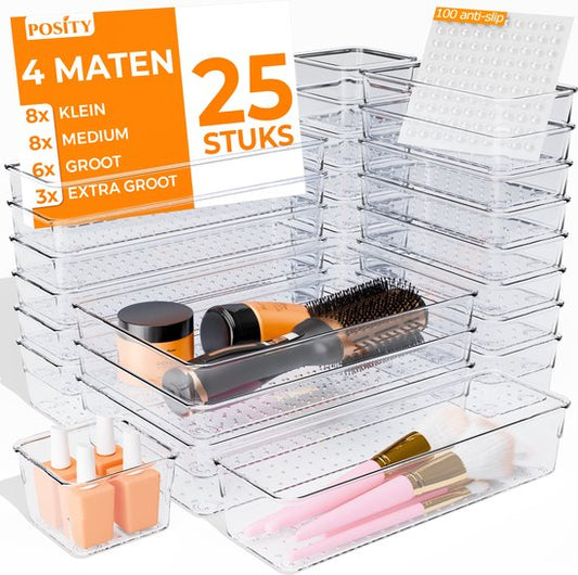 Posity Lade Organizer - 25 Stuks - Organizer Bakjes - Lade Bakjes - Opbergbakjes - Make-up Organizer - Voor Keuken, Badkamer & Bureau - Kunststof - Transparant