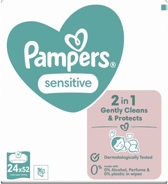 Pampers Sensitive Billendoekjes - 2-in-1: Reinigen Zacht & Beschermen - 0% Plastic In De Doekjes - 24 Verpakkingen van 52 Doekjes = 1248 Babydoekjes