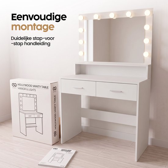 Infinity Goods Kaptafel - Make Up Tafel - Met Spiegel en 11 LED Lampen - Veel opbergruimte - Dimbaar - Wit