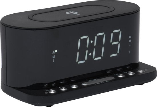 Denver Wekkerradio met Draadloze Oplader - Dual alarmklok en Dimmer - Digitale Wekker - FM Radio - USB - CRQ110 - Zwart