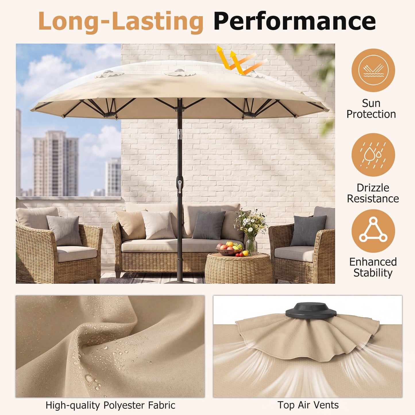 Coast Dubbele Parasol 300 x 160 cm - Rechthoekig - Kantelbaar - Beige