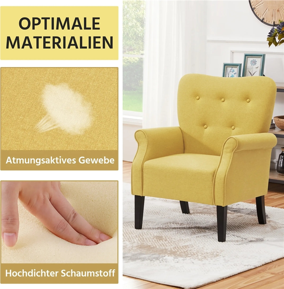 Yaheetech Loungefauteuil met Houten Poten - 74 x 72 x 94 cm - Geel
