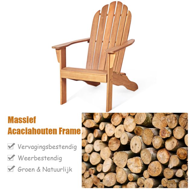Coast Buiten Hout Adirondack Stoel 69x88x103 cm - Natuurlijk Acaciahout – Tuinstoel voor Terras, Balkon en Tuin