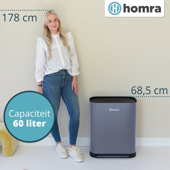 Homra Rockx Pedaalemmer 60 Liter - Duo Prullenbak 2X30L met Geurfilter - RVS Afvalscheidingsprullenbak 2 Vakken - Recycle Afvalbak - Vuilnisbak Keuken afval scheiden - Afvalemmer - Dubbele Prullenbak Grijs