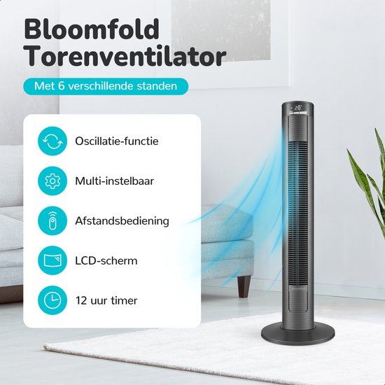 Bloomfold Toren Ventilator - 96,5 cm - Zwart - Afstandsbediening - Slaapstand - 12 uur Timer - Full Led Display