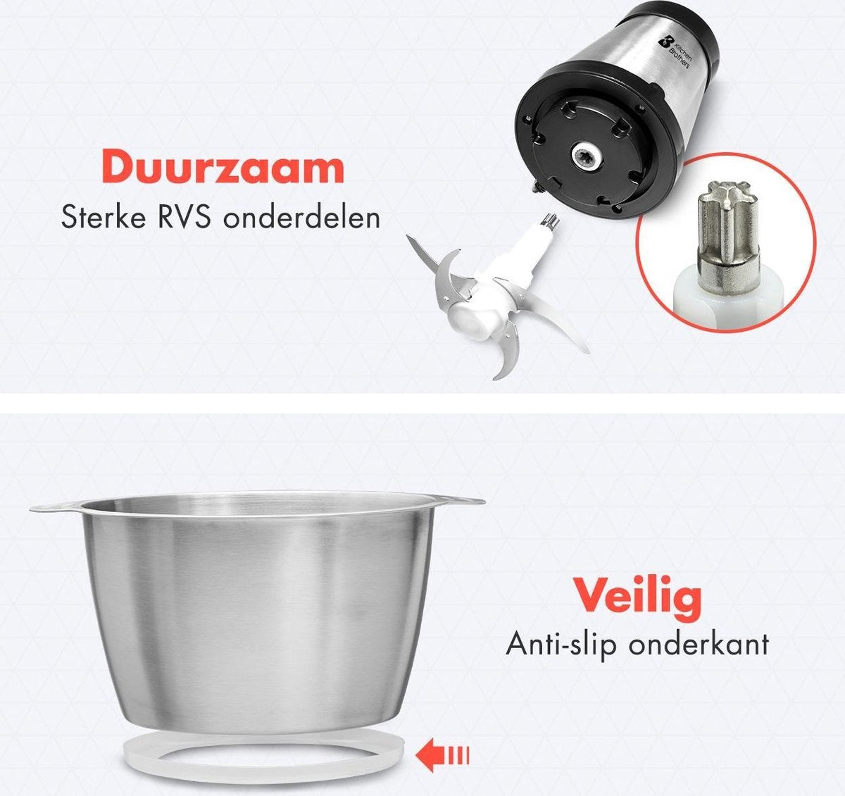 KitchenBrothers Hakmolen - Food Chopper - Elektrisch - 2 Snelheden - 300 W - 1,8 L - RVS Kom