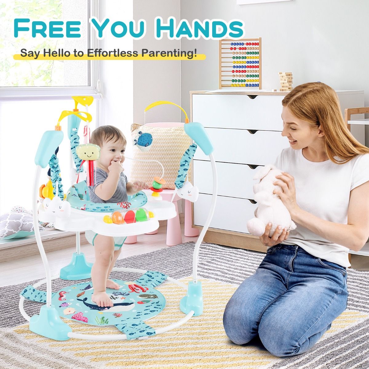 coast Baby Sky Jumperoo - Lichtblauw/Wit - 87x87x94 cm - 3 Hoogtes, 360° Draaibare Zitting & Interactief Speelcentrum