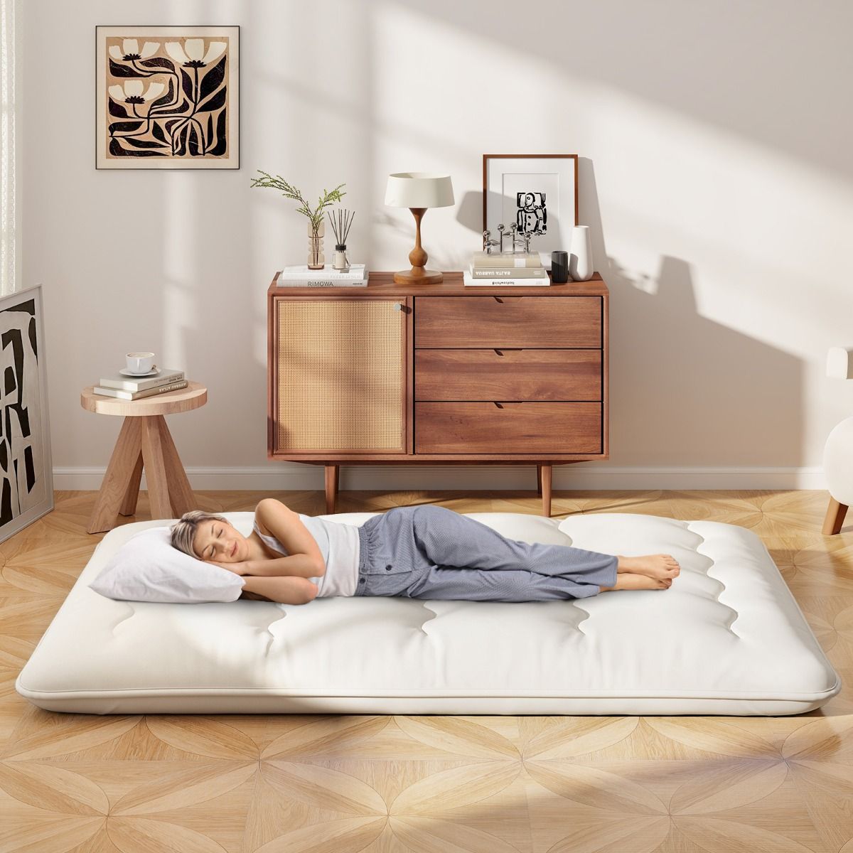 Coast Futonmatras - Opvouwbare vloer- en slaapmat - Wasbare hoes - Beige/Blauw/Bruine beer