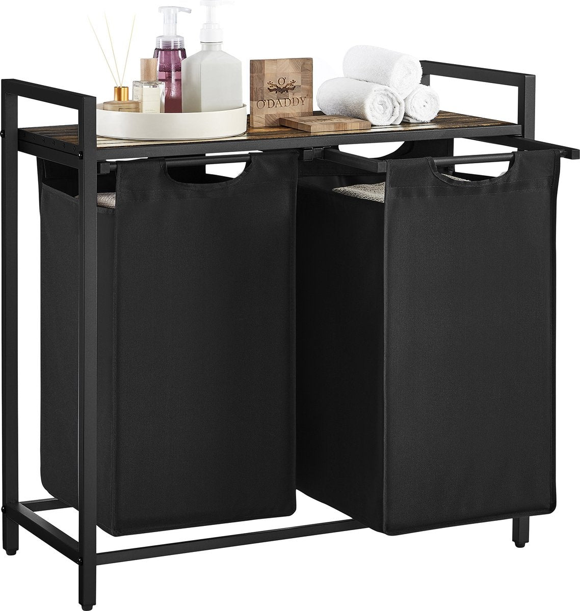 O'DADDY® Wasmand 2 vakken – uitschuifbare wassorteerder met plank - 73 x 33 x 72 cm – metaal - zwart met bruin