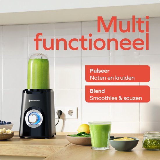 KitchenBrothers Smoothie Blender - 2-in-1 - Blender to Go - 4 Bekers - Smoothie Maker To Go - Mini Blender - Zwart