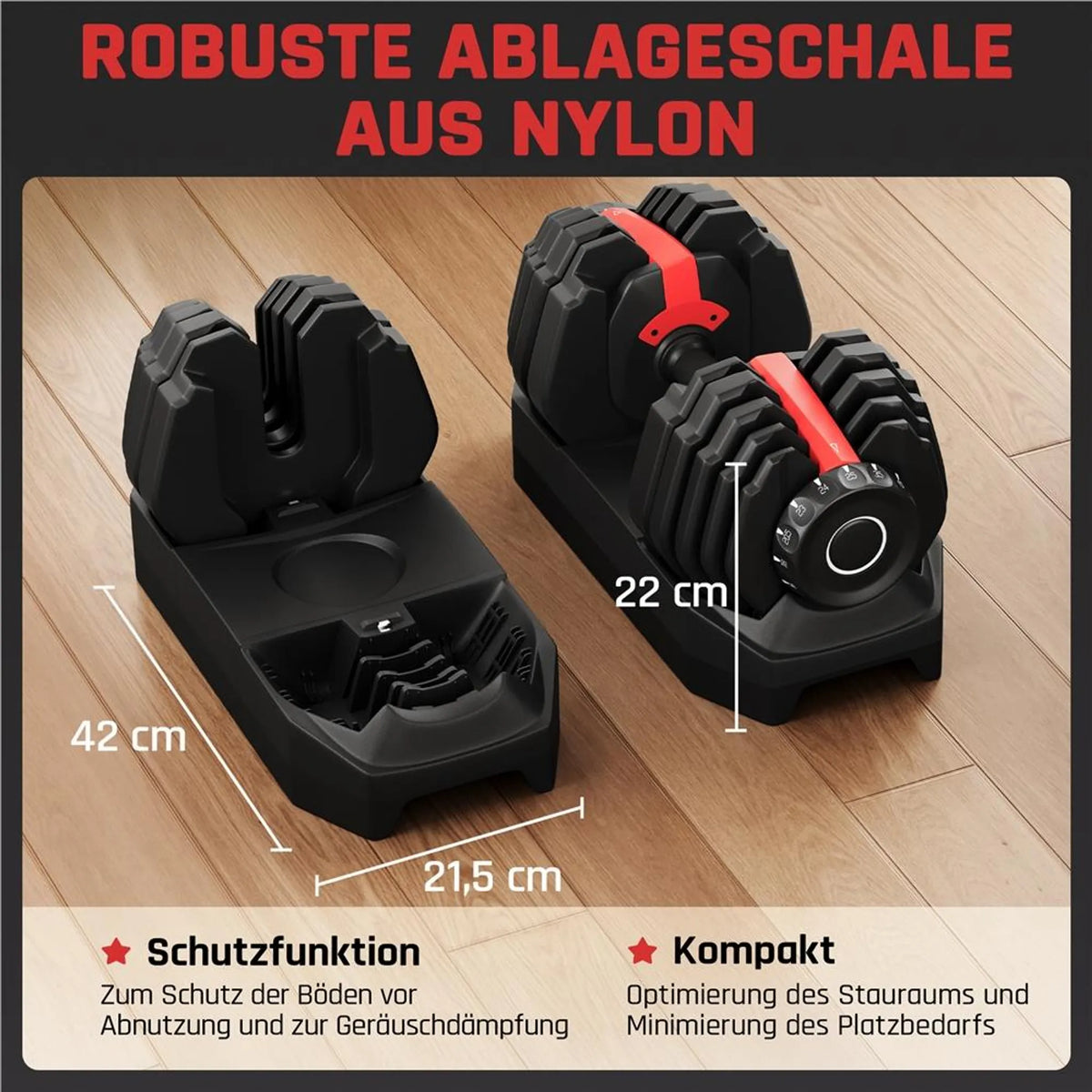 Yaheetech Verstelbare Dumbbellset 2,5-24 kg - 15-in-1 Snelinstelling - Zwart/Rood - 42x21,5x22 cm