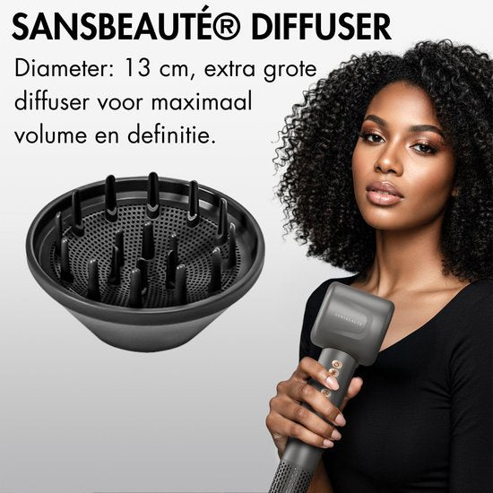 Sansbeauté® Föhn met Diffuser - Krullen - 110.000RPM - Ionische Haardroger met Borstel - 4 Opzetstukken – Reisföhn - Krul Feun Set - Sèche Cheveux - Haarföhn met Defuser - Hair Blow Dryer - 1600W