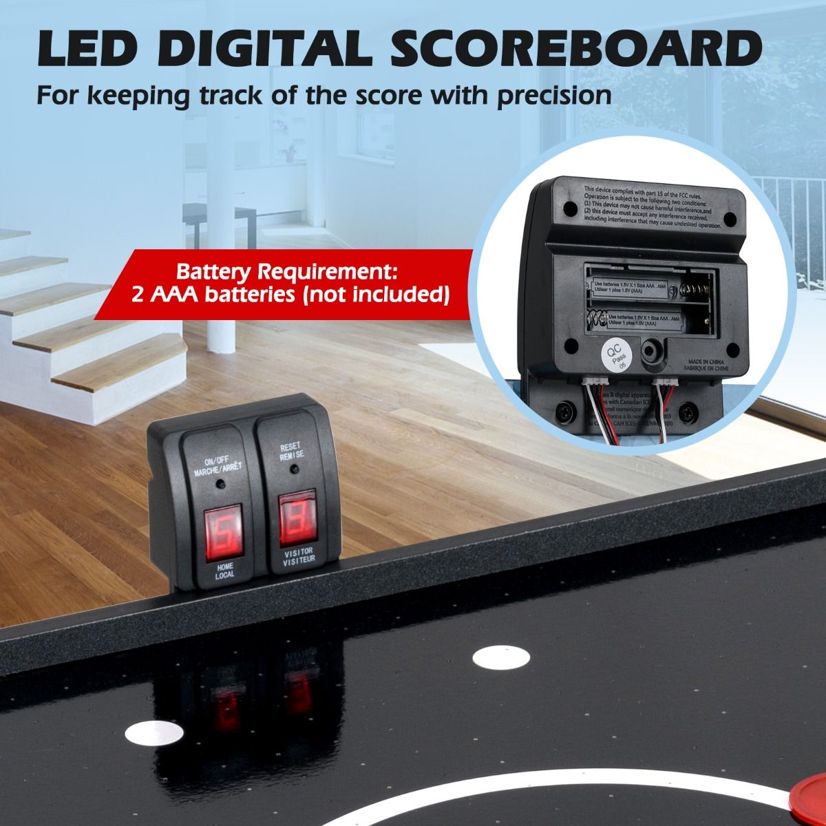 coast Opvouwbare Airhockeytafel – Zwart – 144x68x79 cm – LED-display & 12V Motor