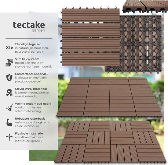 tectake® WPC houten tegels - Houtlook tegels - Weerbestendig - Vloerbedekking voor buiten - Vloertegels - Balkonvloer - Terrastegels met kliksysteem - Afvoer - Set van 22 - Bruin