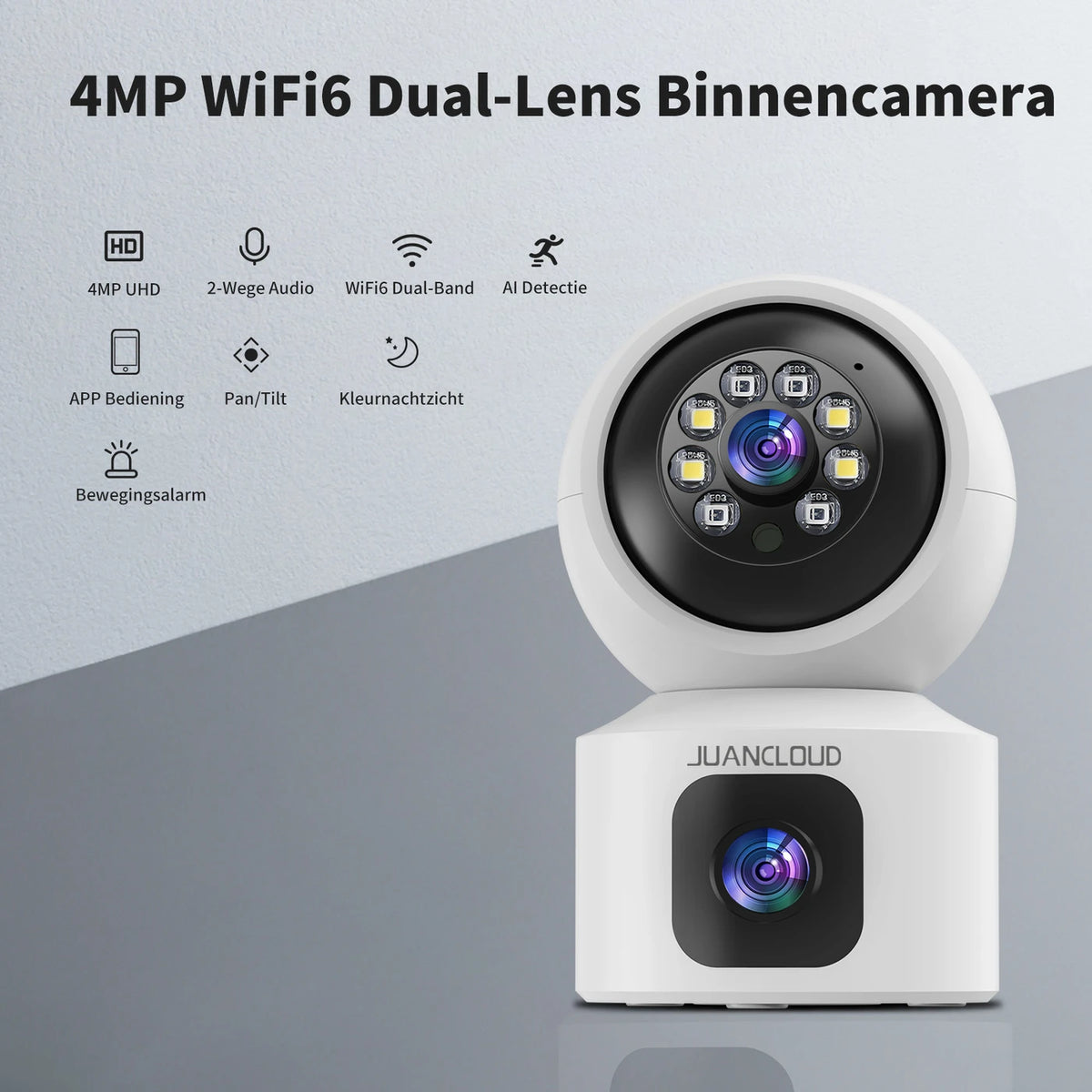 Juancloud Beveiligingscamera voor Binnen met Dubbele Lens - 2K Ultra HD met Nachtzicht - Tweewegaudio en AI-bewegingsdetectie - Wit