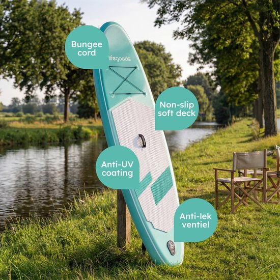 LifeGoods SUP Board Allround Compact - 100 KG Draagkracht - 300 x 76 cm - Opblaasbaar - Compleet SUP pakket - Mintgroen