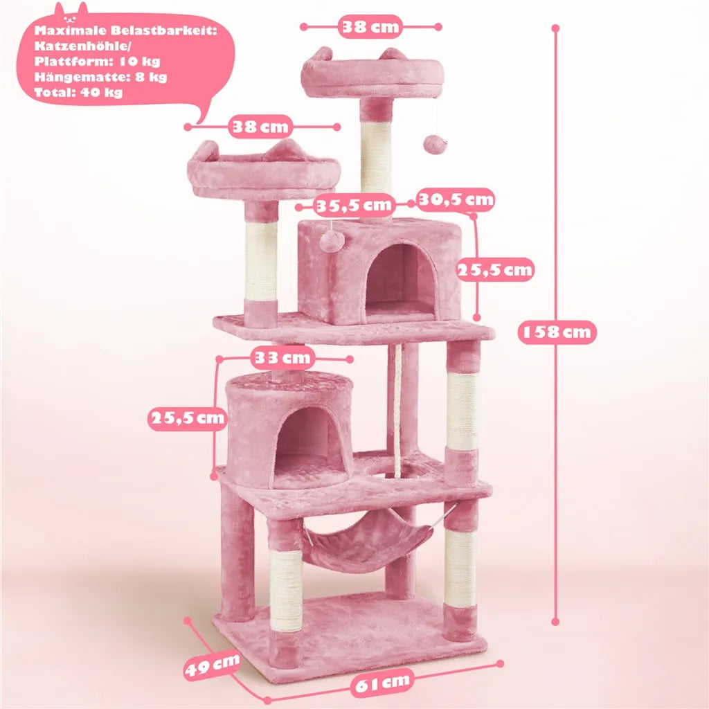 Yaheetech Krabpaal 158 cm - Roze - Kattenboom met 2 Kattengrotten, Hangmat en Sisalpalen